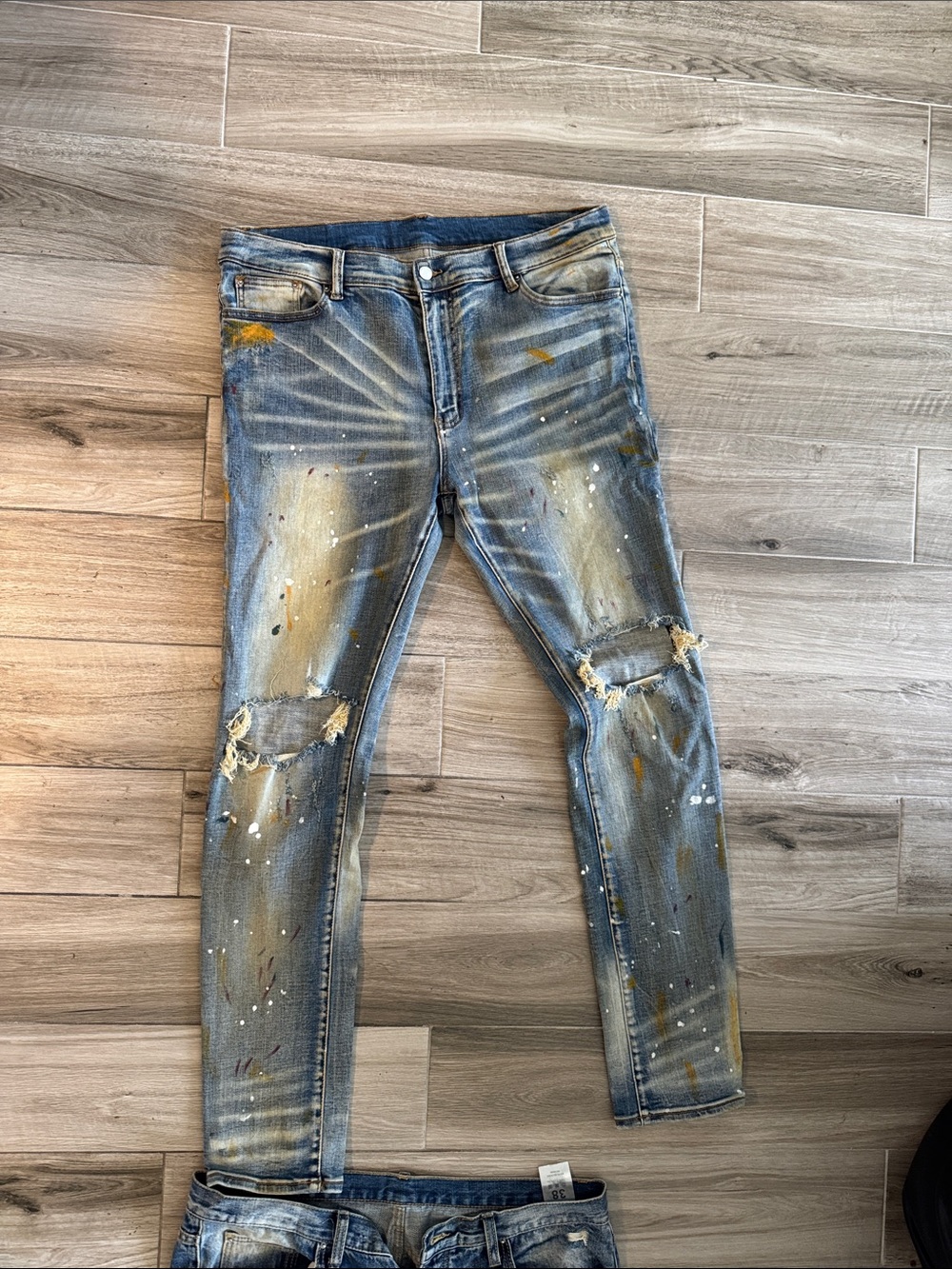 MNML Men's Blue Distressed Skinny Jeans with Paint Details